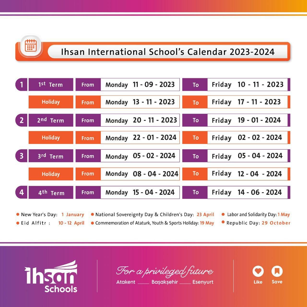 Ihsan International School's Calendar 2023 - 2024